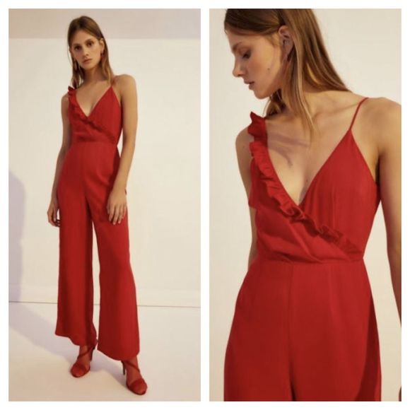 KEEPSAKE Red Wide Leg Ruffle Trim Jumpsuit Sz 10 Evening Prom Plunge Neckline - Picture 1 of 10